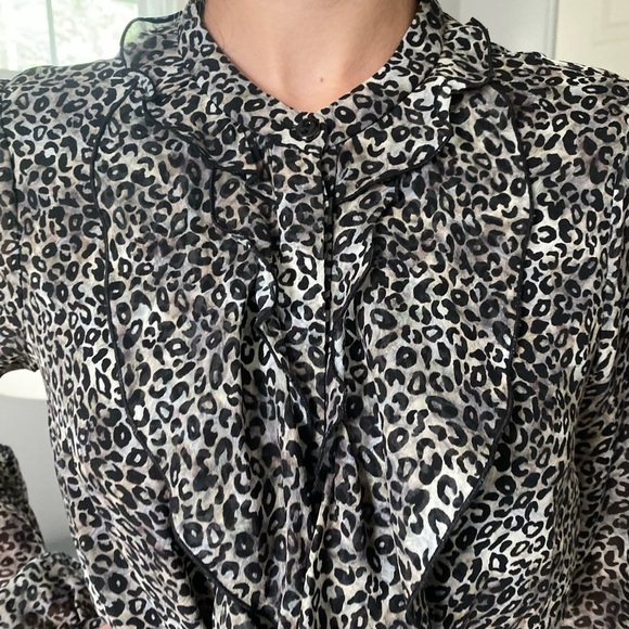 SALONI a-line long sleeve animal print ruffle mock neck dress with waist tie - Picture 4 of 8